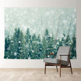 Aperturee - Green Snowy Forest Winter Scene Photo Backdrop